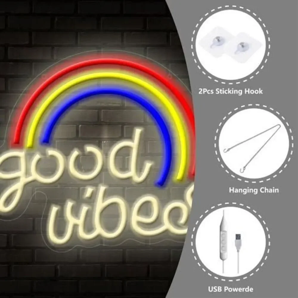 GOOD VIBES Neon Light Rainbow Wall Decor USB Dimmable Party Decor